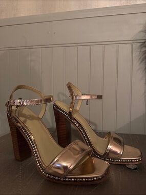 Coach Metallic Rose Gold Block Heel Sandals with Studded Trim